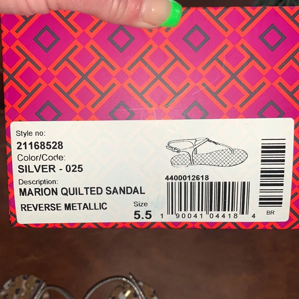 Tory Burch marion quilted sandals confetti reverse metallic silver new box 5.5